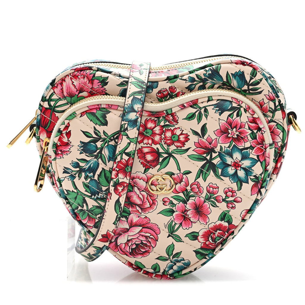 Gucci Calfskin Brit Roses Print Matelasse Diagonal Mini Interlocking G Heart Shoulder Bag Multicolor Multicolor