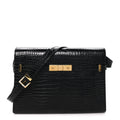 Saint Laurent Shiny Calfskin Crocodile Embossed Manhattan Baguette Black