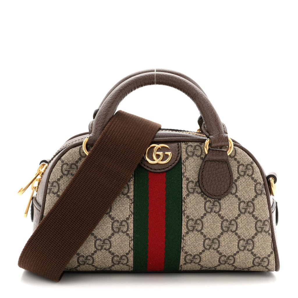 Gucci GG Supreme Monogram Textured Dollar Calfskin Web Mini Ophidia Top Handle Bowler Bag Beige Ebony New Acero