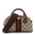 Gucci GG Supreme Monogram Textured Dollar Calfskin Web Mini Ophidia Top Handle Bowler Bag Beige Ebony New Acero