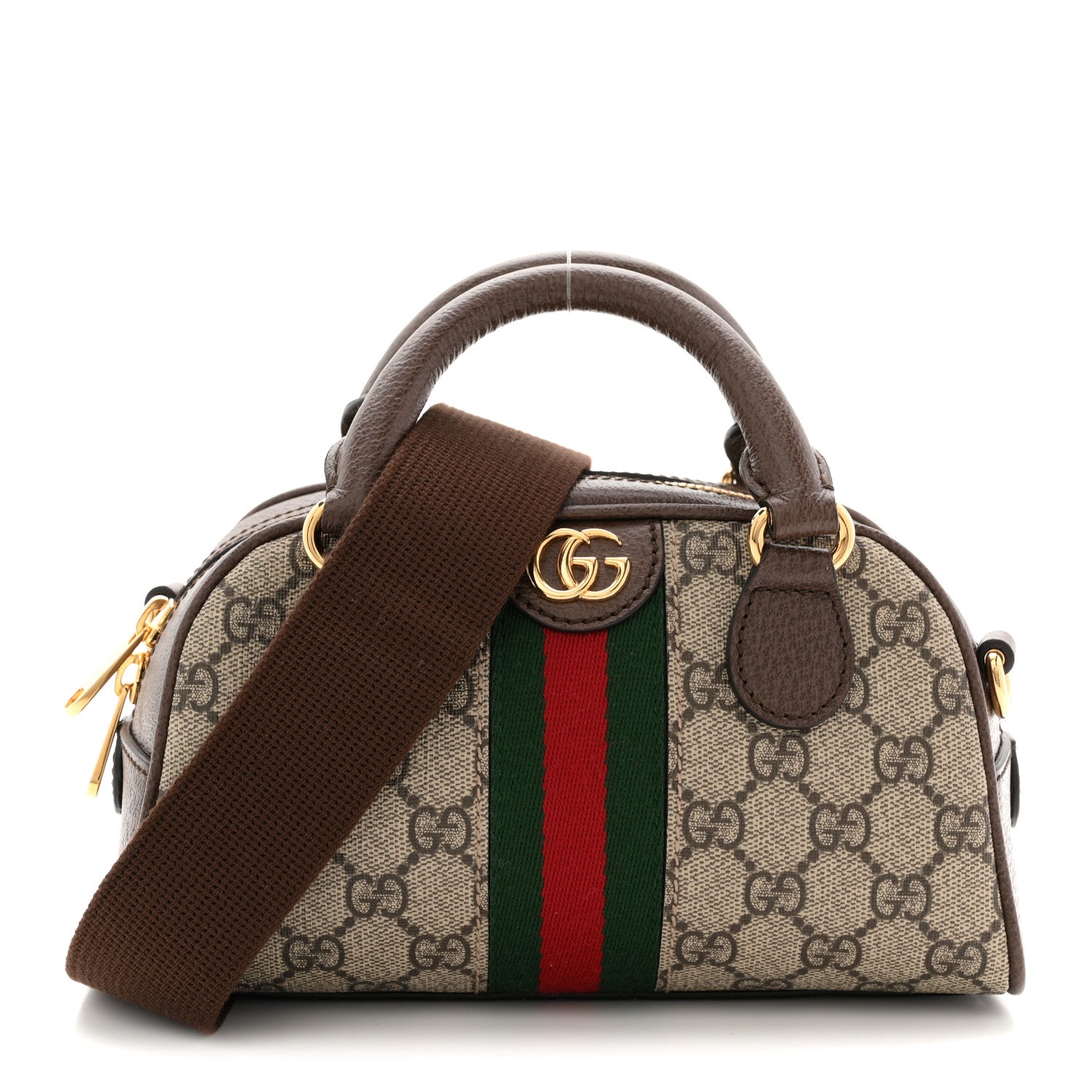 Gucci GG Supreme Monogram Textured Dollar Calfskin Web Mini Ophidia Top Handle Bowler Bag Beige Ebony New Acero