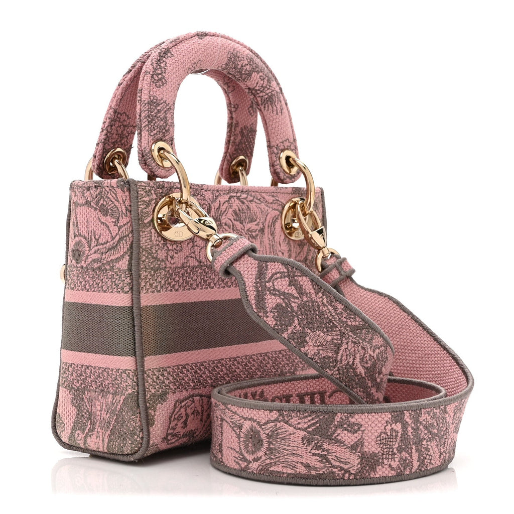 Dior Canvas Toile De Jouy Embroidered Mini Lady D-Lite Gray Pink