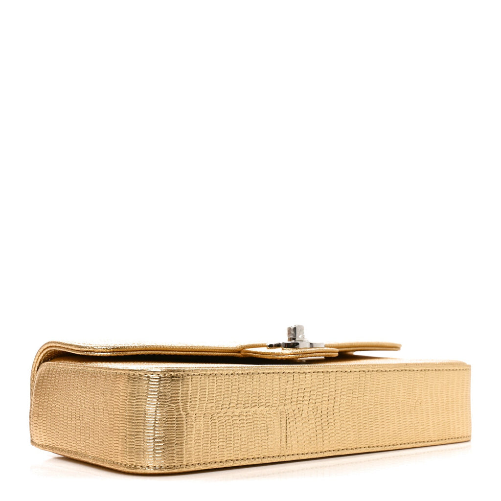 Chanel Metallic Calfskin Lizard Embossed Small East West Flap Gold