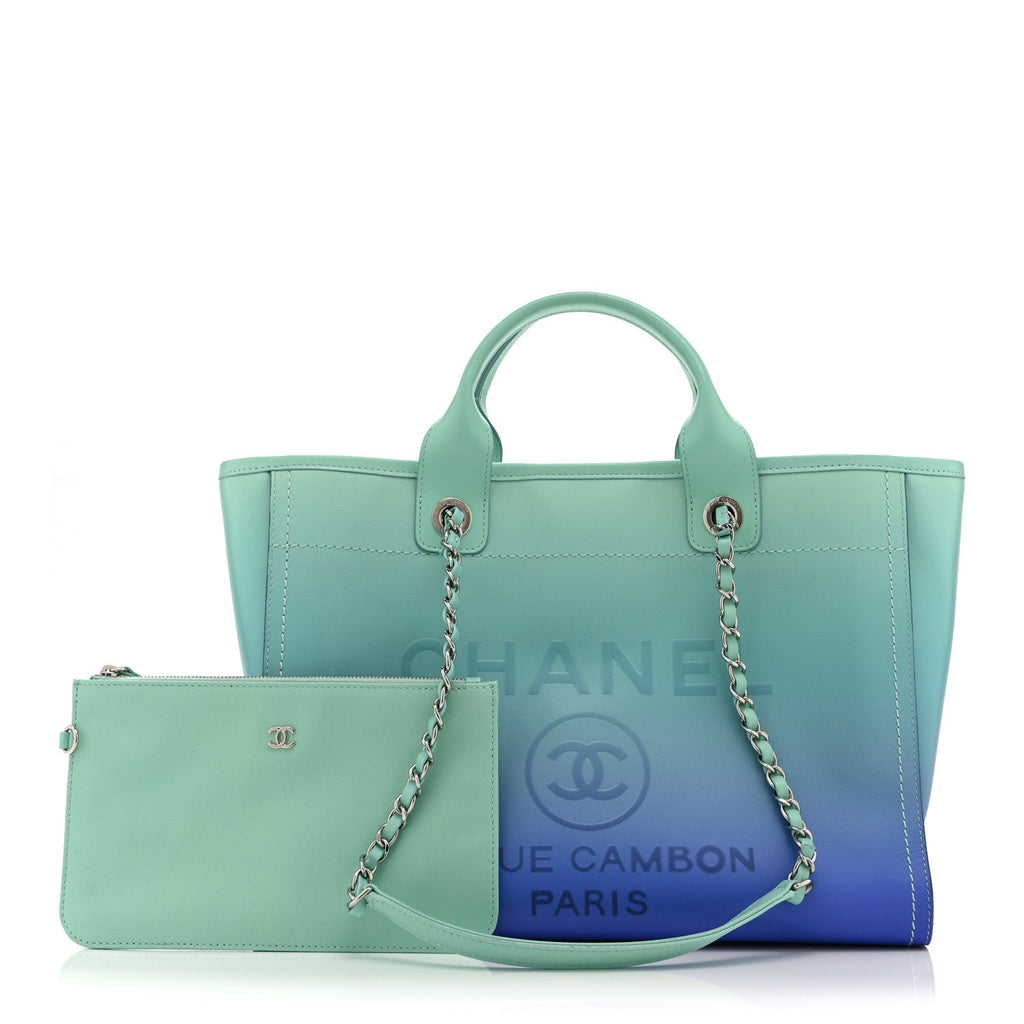 Chanel Shaded Calfskin Medium Deauville Tote Light Green Turquoise Purple