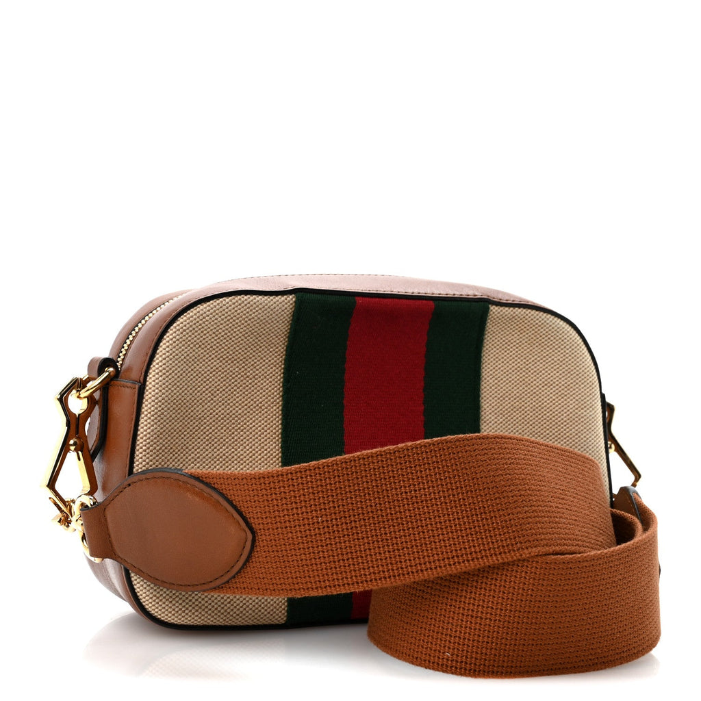 Gucci Vintage Canvas Web Shoulder Bag Sand Cuir