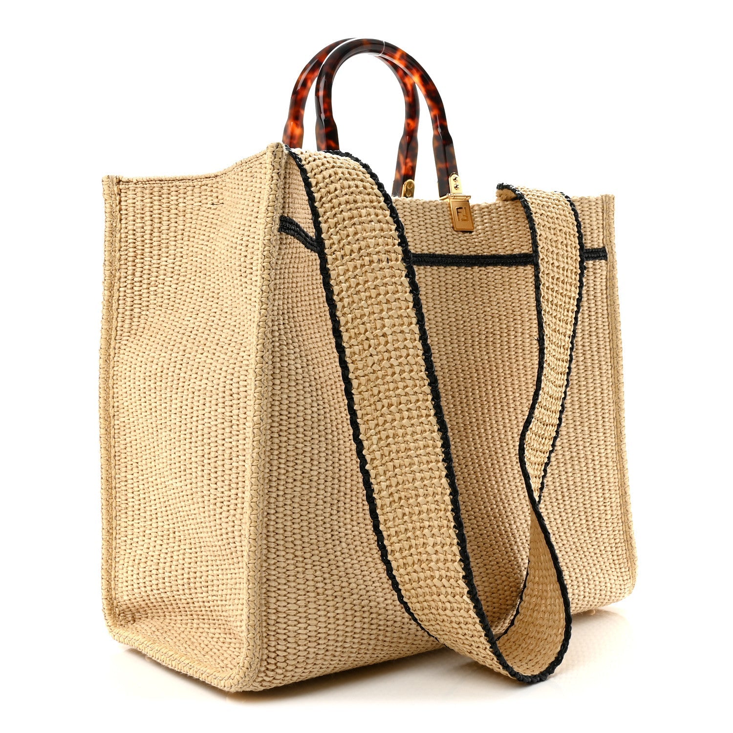 Fendi Straw Vitello King Plexiglass Woven Medium Fendi Sunshine Shopper Tote Natural Black