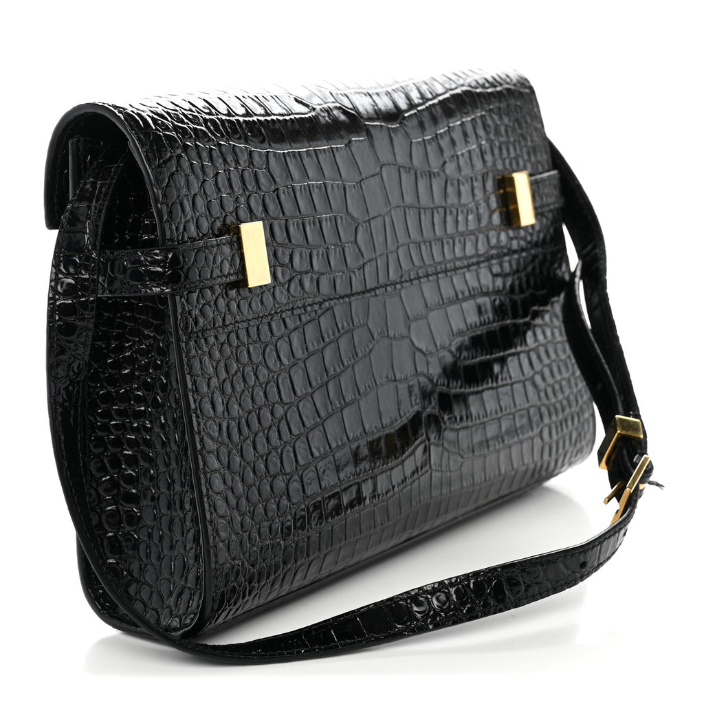 Saint Laurent Shiny Calfskin Crocodile Embossed Small Manhattan Baguette Black