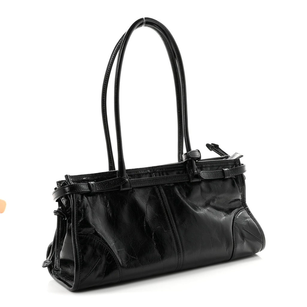 Prada Glossy Calfskin Triangle Medium Bonnie Shoulder Bag Black
