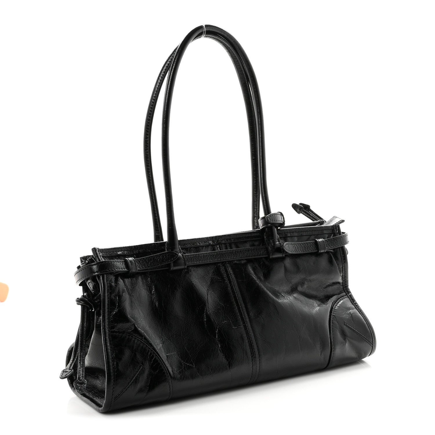 Prada Glossy Calfskin Triangle Medium Bonnie Shoulder Bag Black