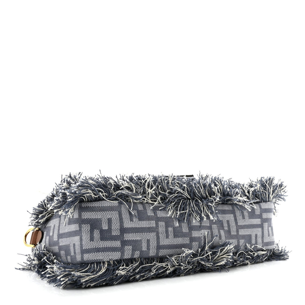 Fendi Denim Vitello King Fringe FF Embroidered Baguette Denim Myrtle Dark Nut