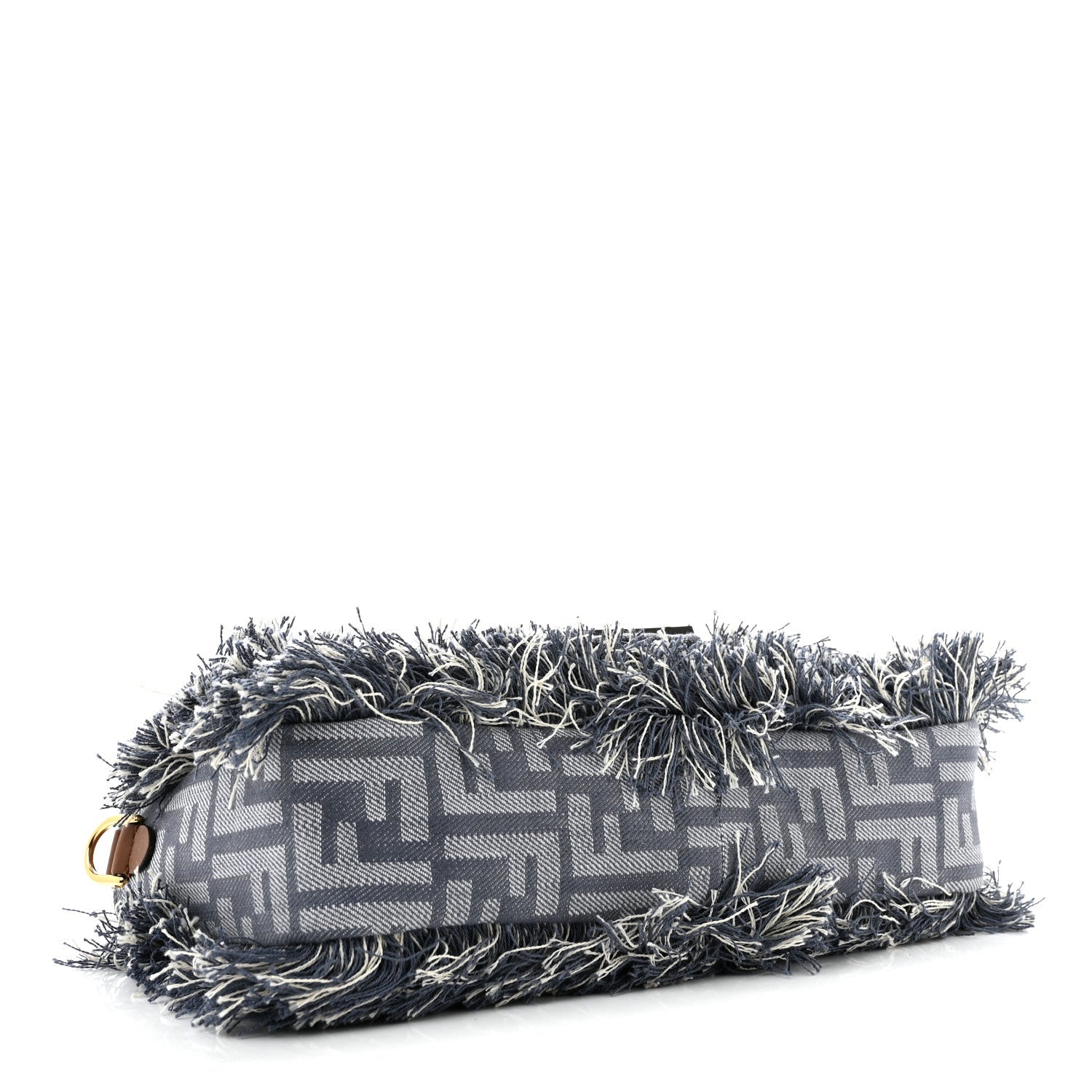 Fendi Denim Vitello King Fringe FF Embroidered Baguette Denim Myrtle Dark Nut
