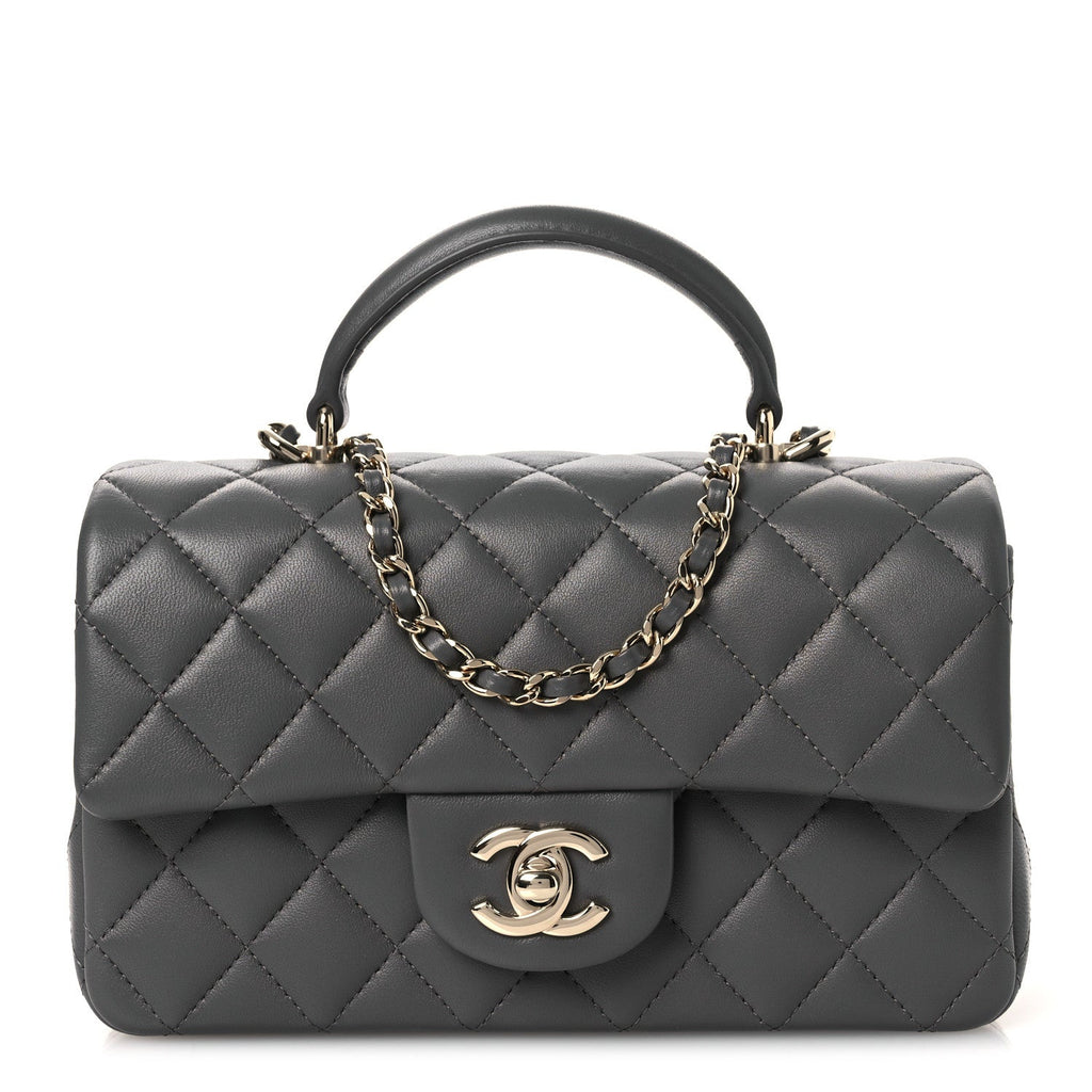 Chanel Lambskin Quilted Mini Top Handle Rectangular Flap Dark Grey