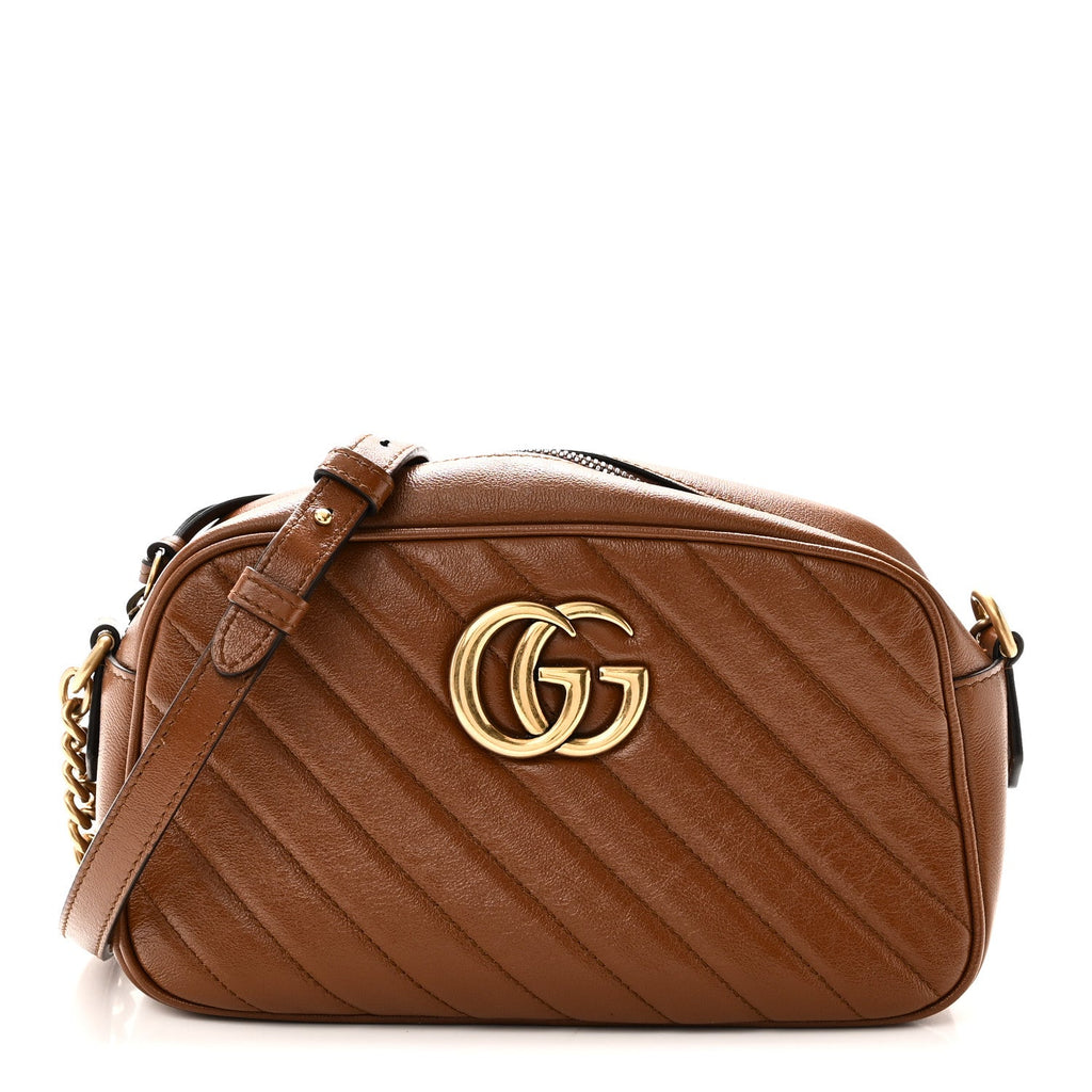 Gucci Glazed Calfskin Matelasse Diagonal Small GG Marmont Chain Shoulder Bag Cuir