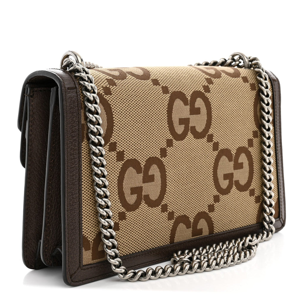 Gucci Monogram Jumbo GG Textured Dollar Calfskin Small Dionysus Shoulder Bag Camel Ebony New Acero