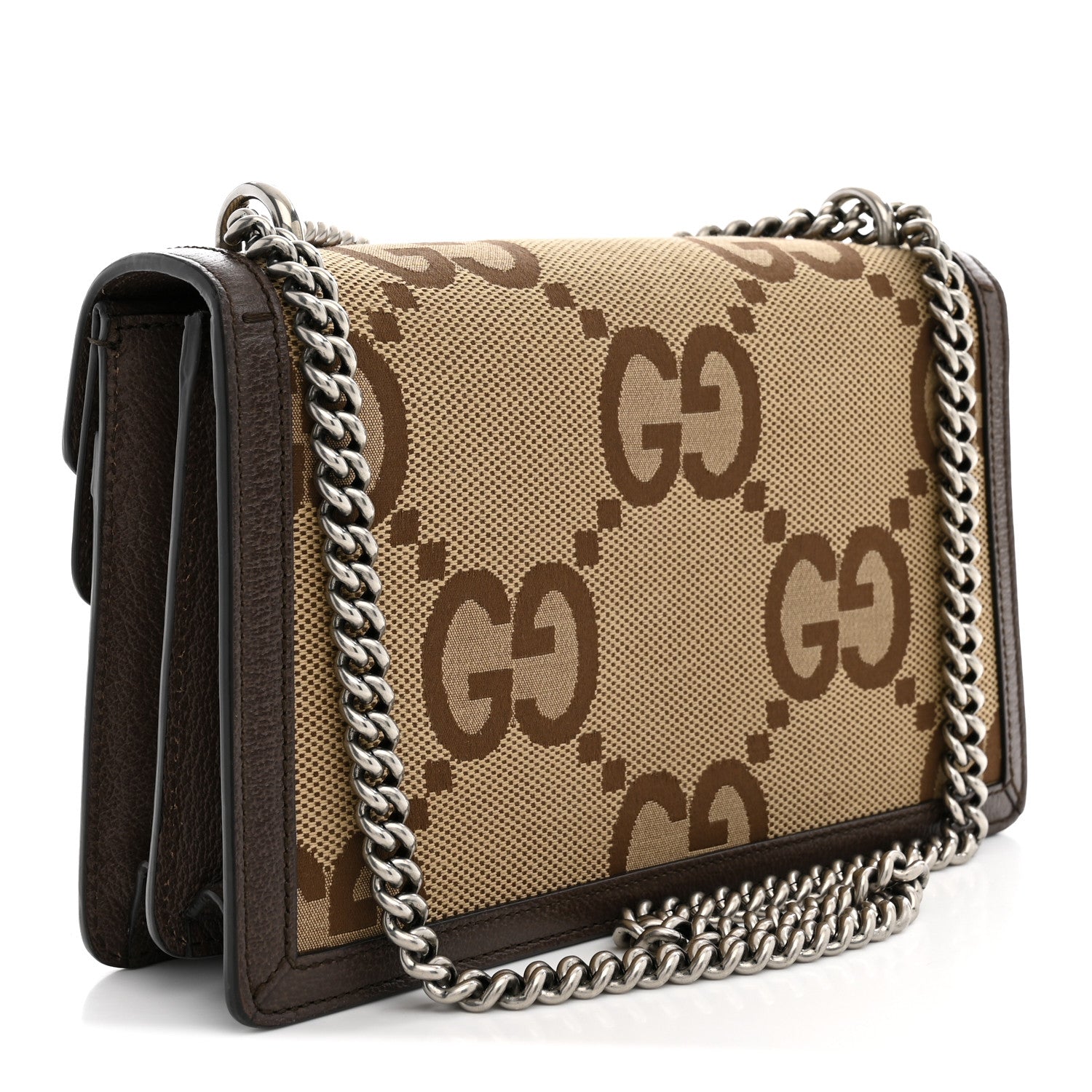 Gucci Monogram Jumbo GG Textured Dollar Calfskin Small Dionysus Shoulder Bag Camel Ebony New Acero