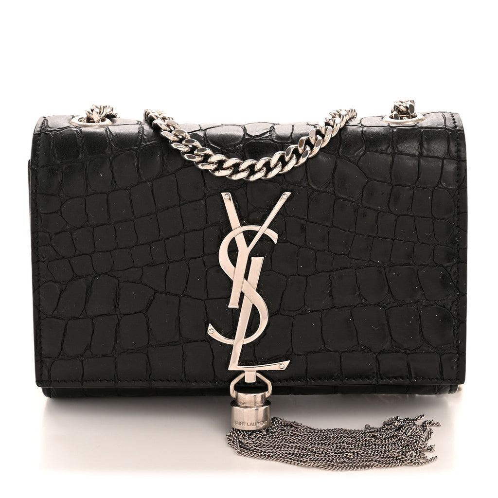 Saint Laurent Calfskin Crocodile Embossed Small Classic Monogram Kate Tassel Satchel Black