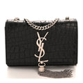 Saint Laurent Calfskin Crocodile Embossed Small Classic Monogram Kate Tassel Satchel Black