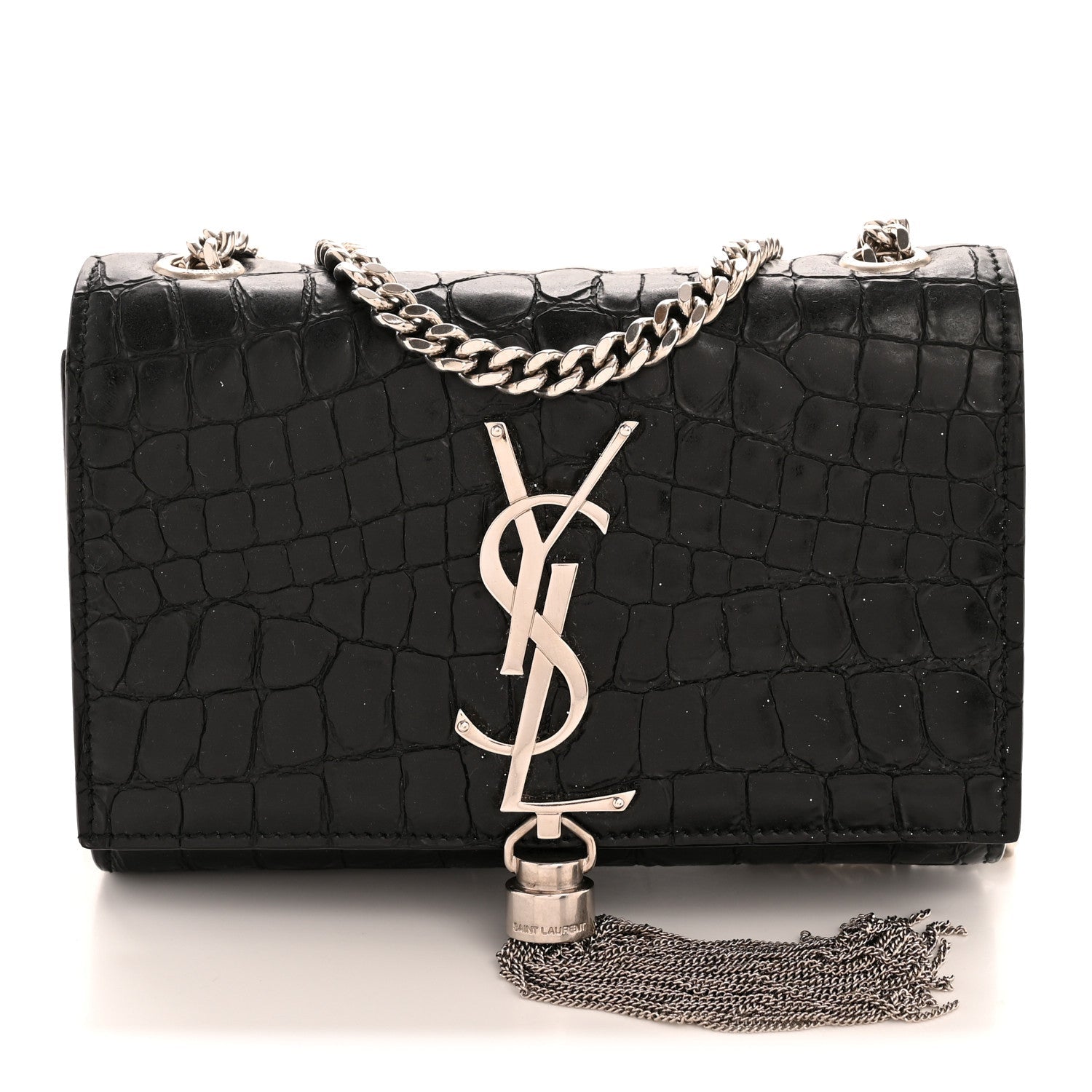 Saint Laurent Calfskin Crocodile Embossed Small Classic Monogram Kate Tassel Satchel Black
