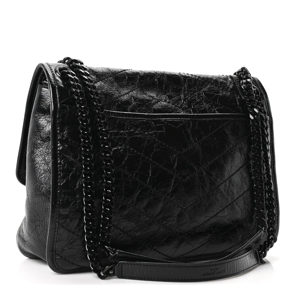 Saint Laurent Crinkled Calfskin Matelasse Monogram Medium Niki Chain Satchel Black