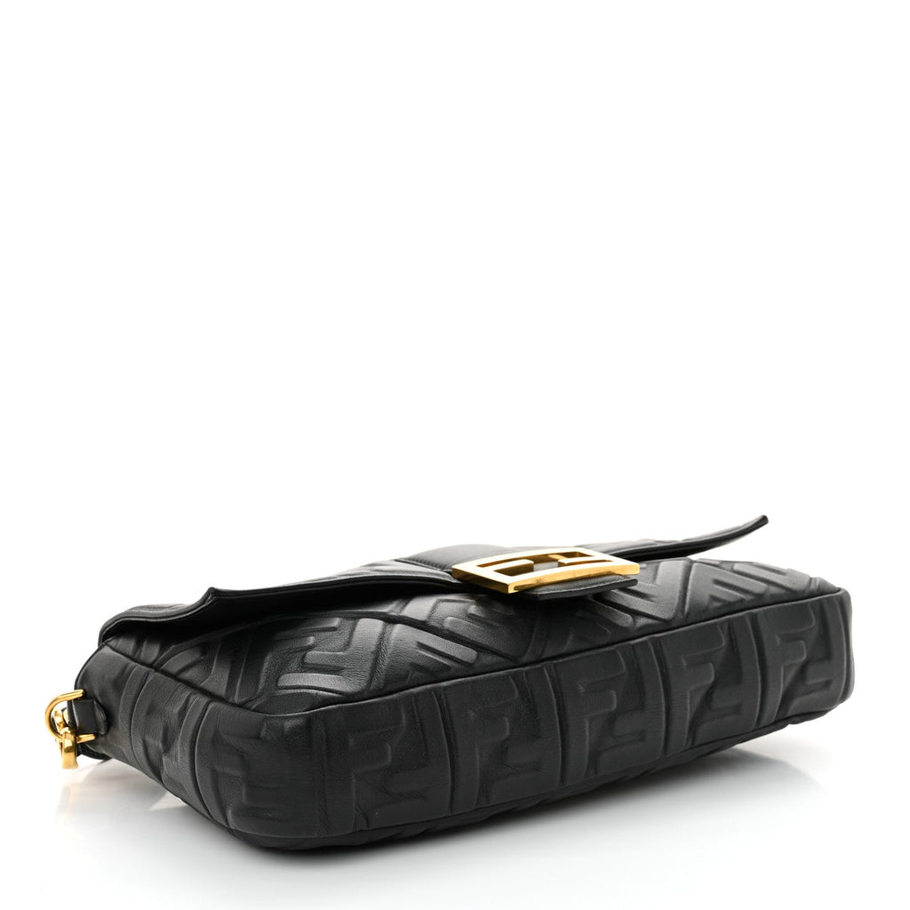 Fendi Nappa FF 1974 Embossed Large Baguette Black