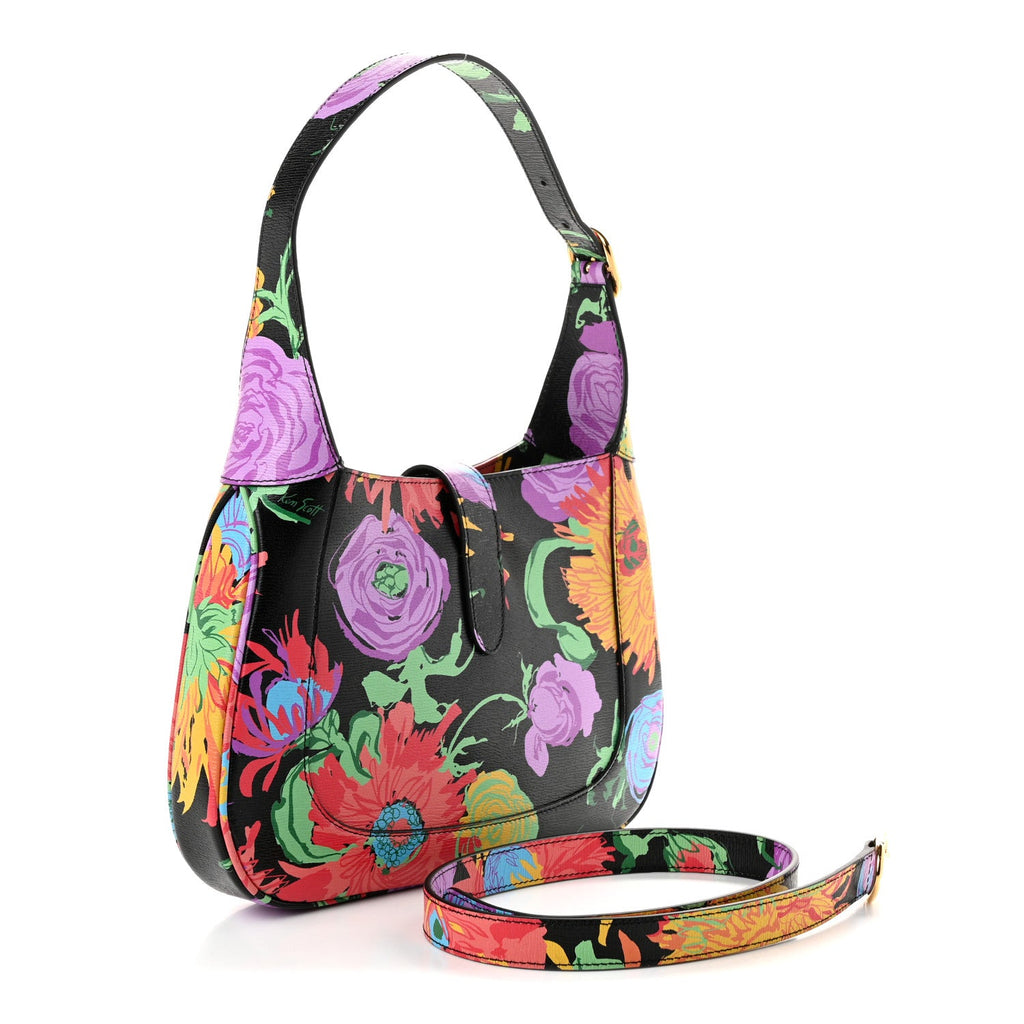 Gucci X KEN SCOTT New Shangai Calfskin Jenny Floral Print Small Jackie 1961 Hobo Black Pink