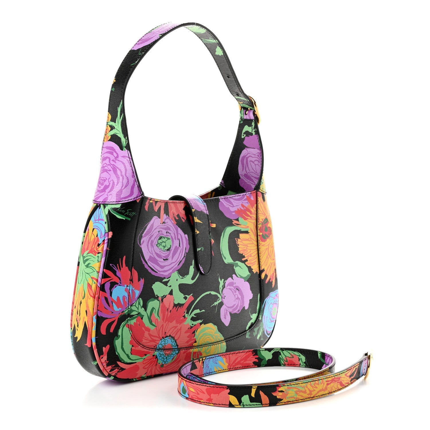 Gucci X KEN SCOTT New Shangai Calfskin Jenny Floral Print Small Jackie 1961 Hobo Black Pink