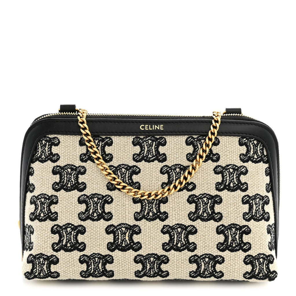 Celine Canvas Calfskin Triomphe Embroidered Clutch On Chain Black