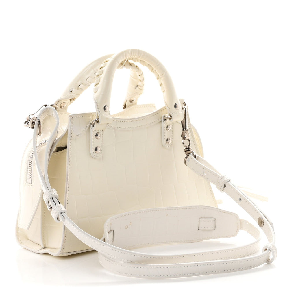 Balenciaga Semi Shiny Calfskin Crocodile Embossed Neo Classic Silver Hardware Mini City White