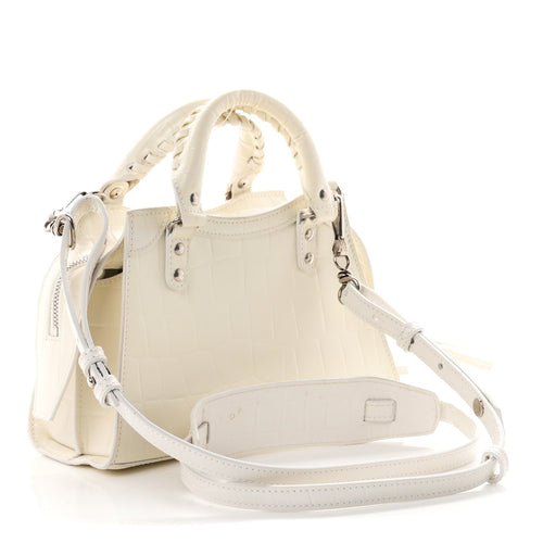 Balenciaga Semi Shiny Calfskin Crocodile Embossed Neo Classic Silver Hardware Mini City White