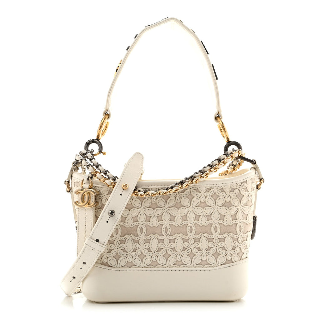 Chanel Calfskin Wool Felt Embossed Small Gabrielle Logo Hobo White