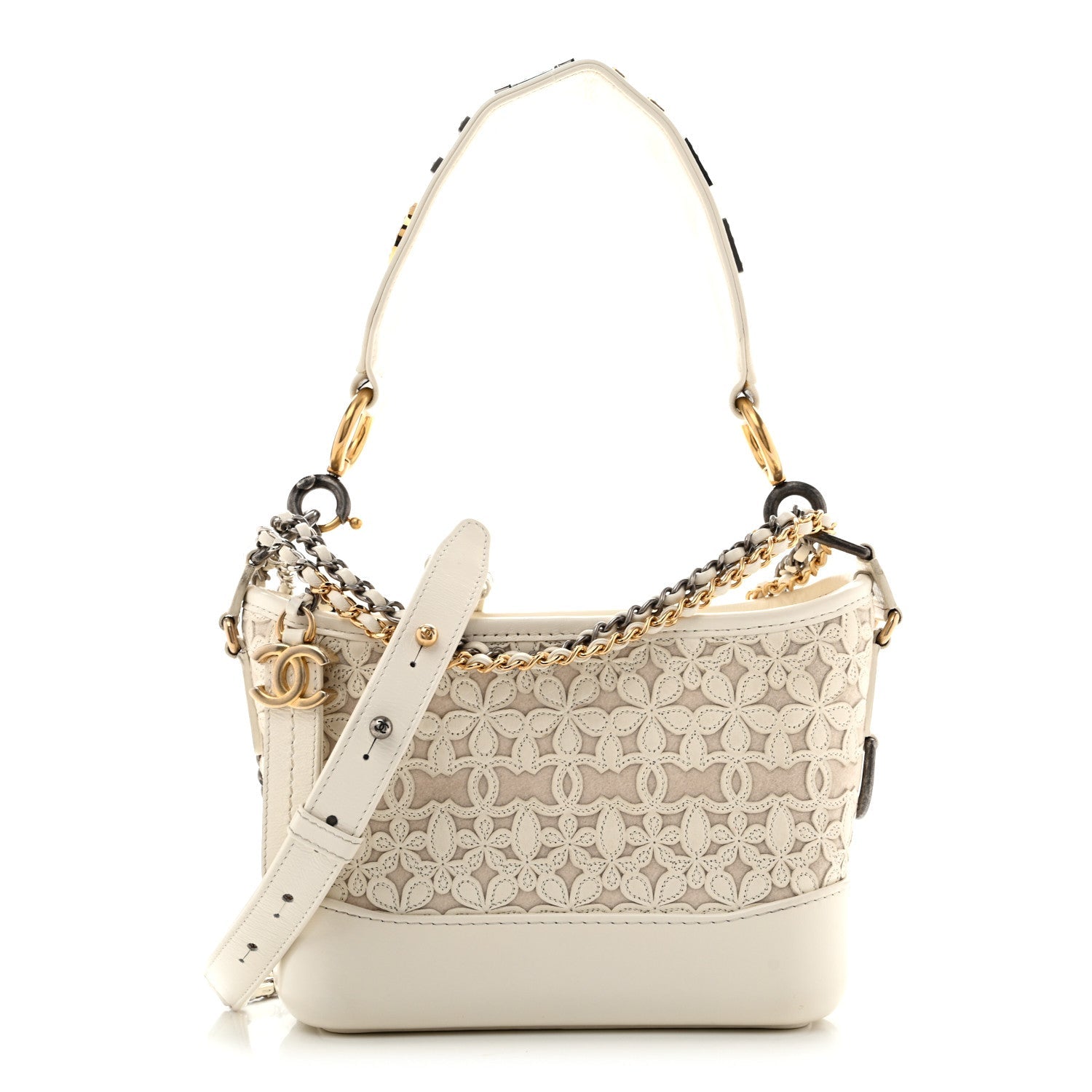 Chanel Calfskin Wool Felt Embossed Small Gabrielle Logo Hobo White