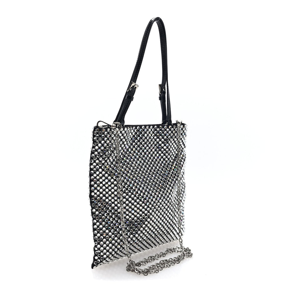 Prada Satin Crystal Metal Triangle Logo Chain Crossbody Handbag Cristal