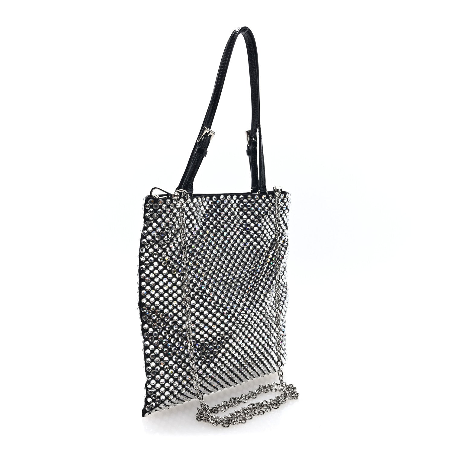 Prada Satin Crystal Metal Triangle Logo Chain Crossbody Handbag Cristal