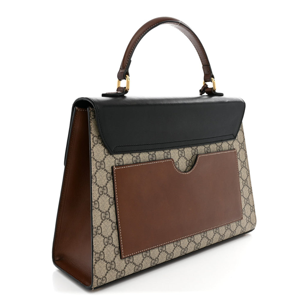 Gucci GG Supreme Monogram Calfskin Medium Padlock Top Handle Bag Beige Black Cuir
