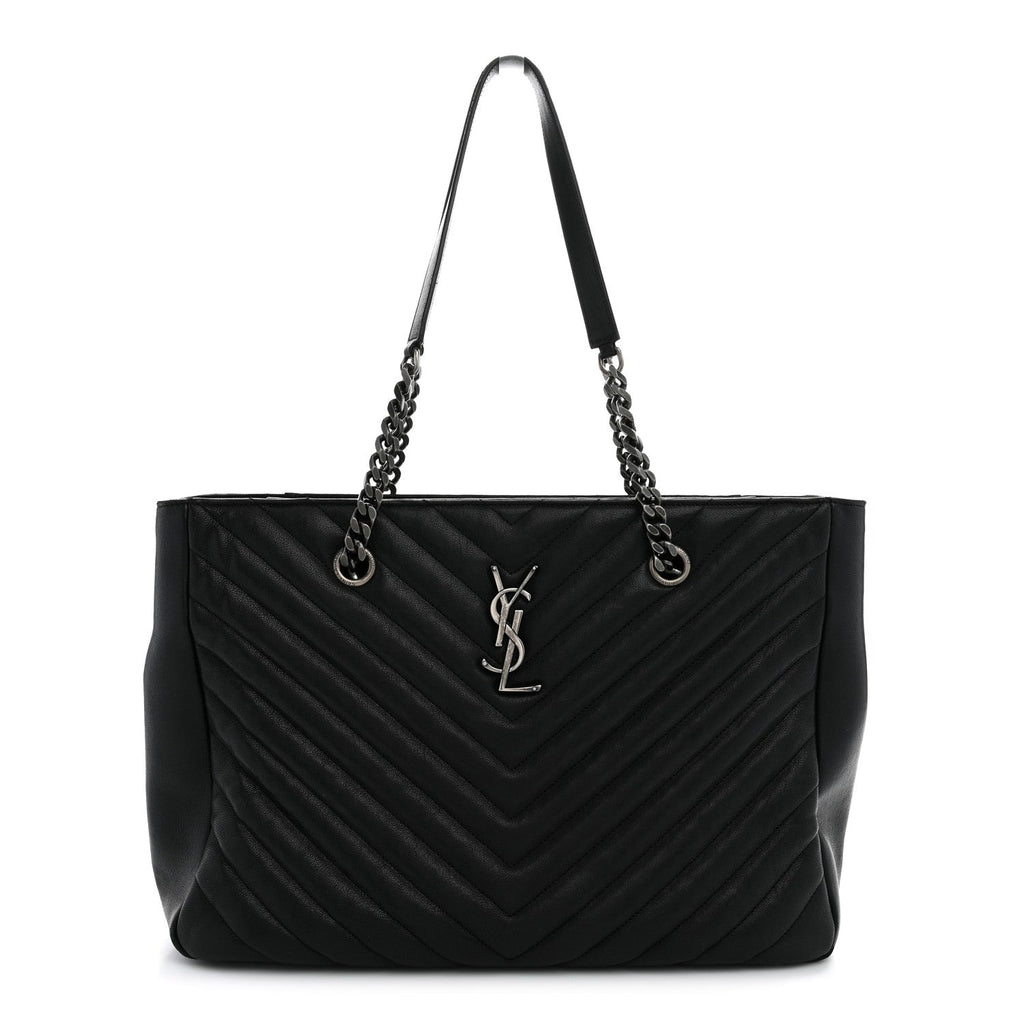Saint Laurent Sheepskin Matelasse Chevron Large Monogram Shopping Bag Black