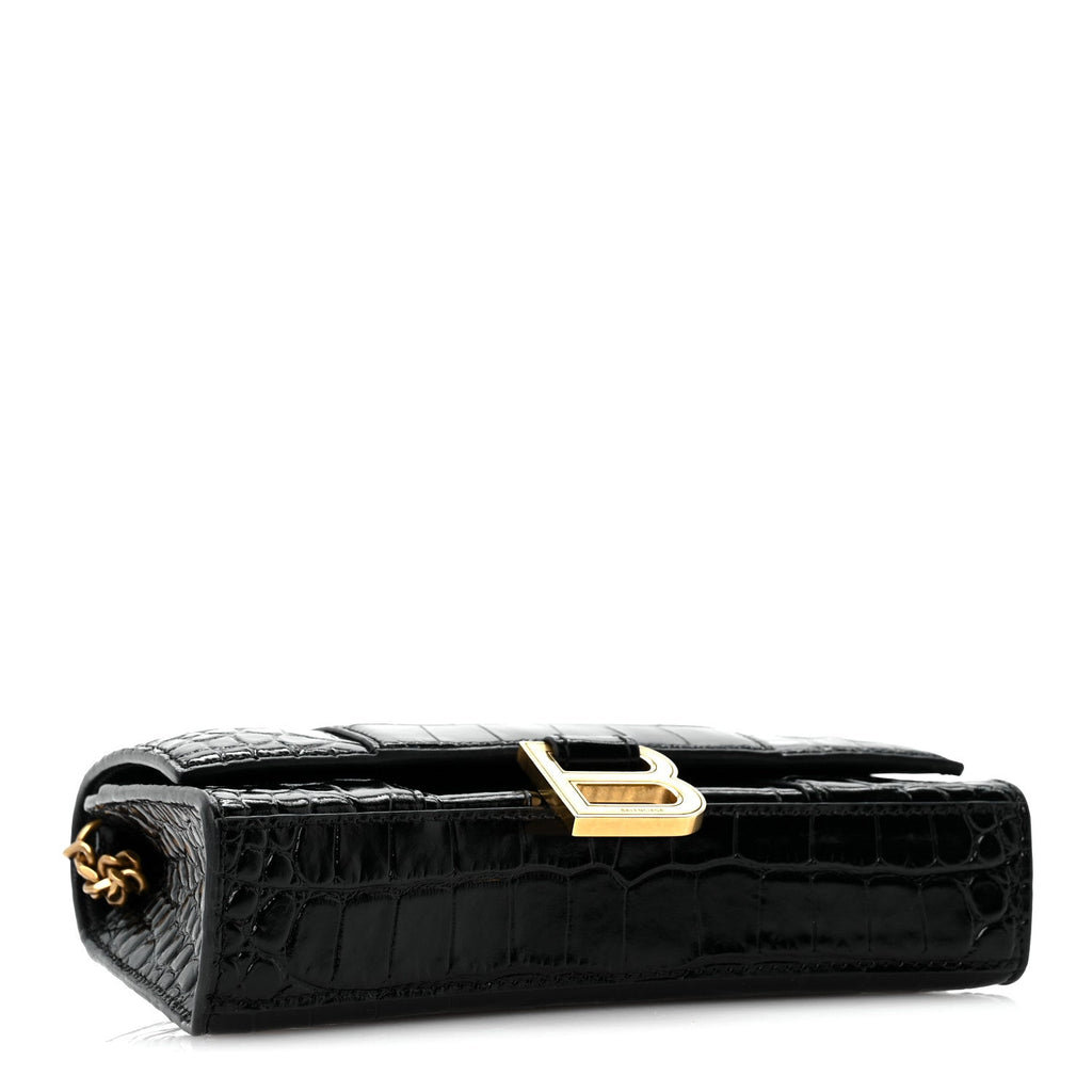 Balenciaga Shiny Calfskin Crocodile Embossed Hourglass Chain Bag Black