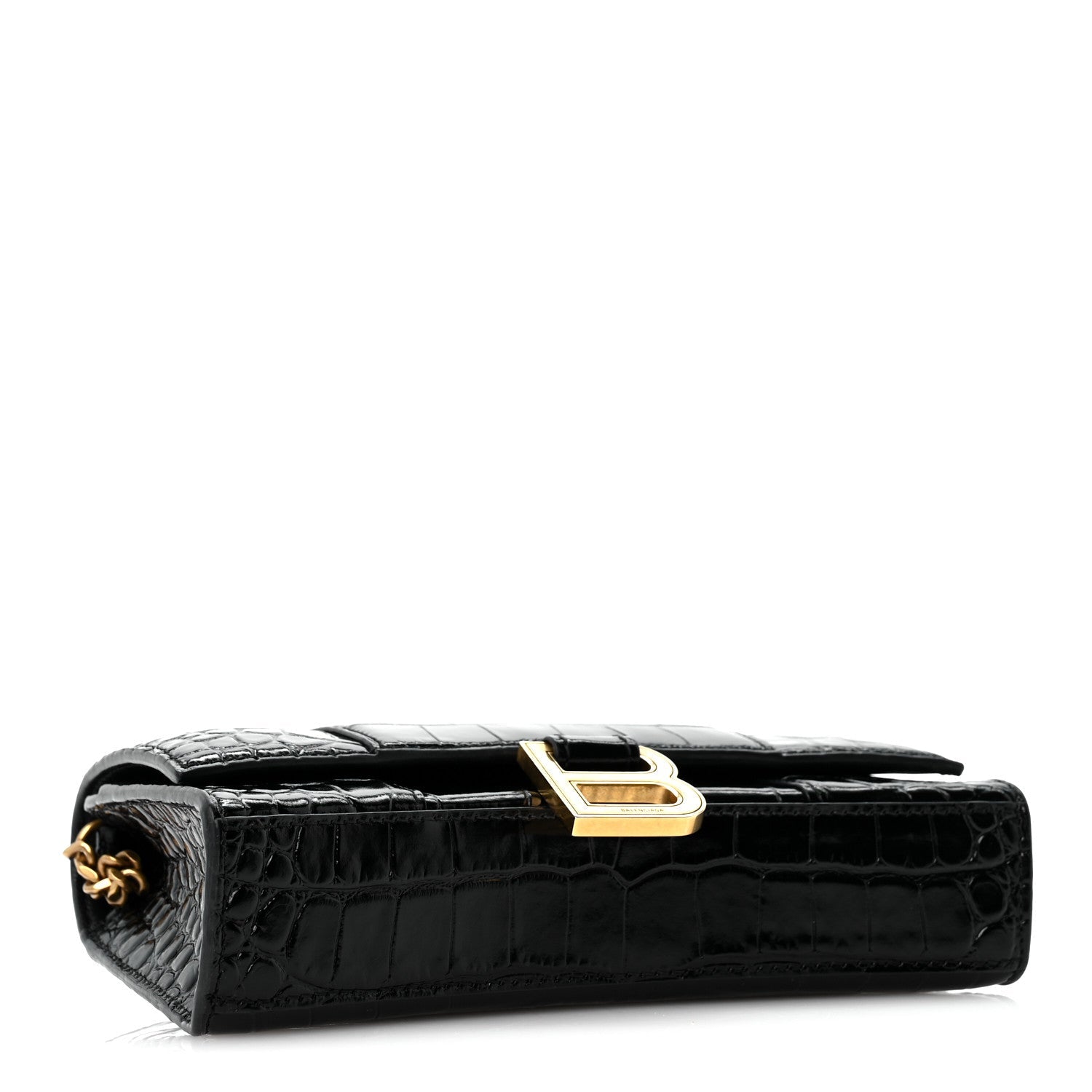 Balenciaga Shiny Calfskin Crocodile Embossed Hourglass Chain Bag Black