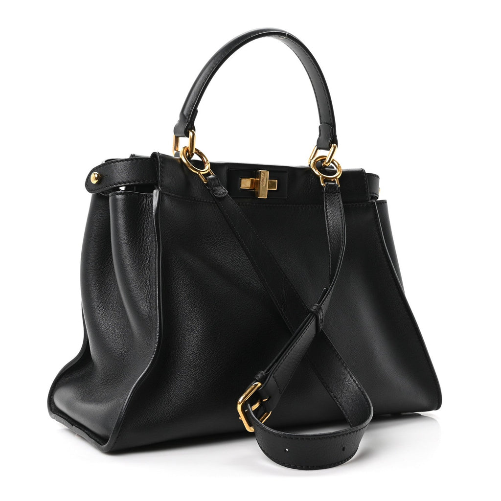 Fendi Vitello Seta Shiny Nappa Medium Peekaboo Iconic Satchel Black