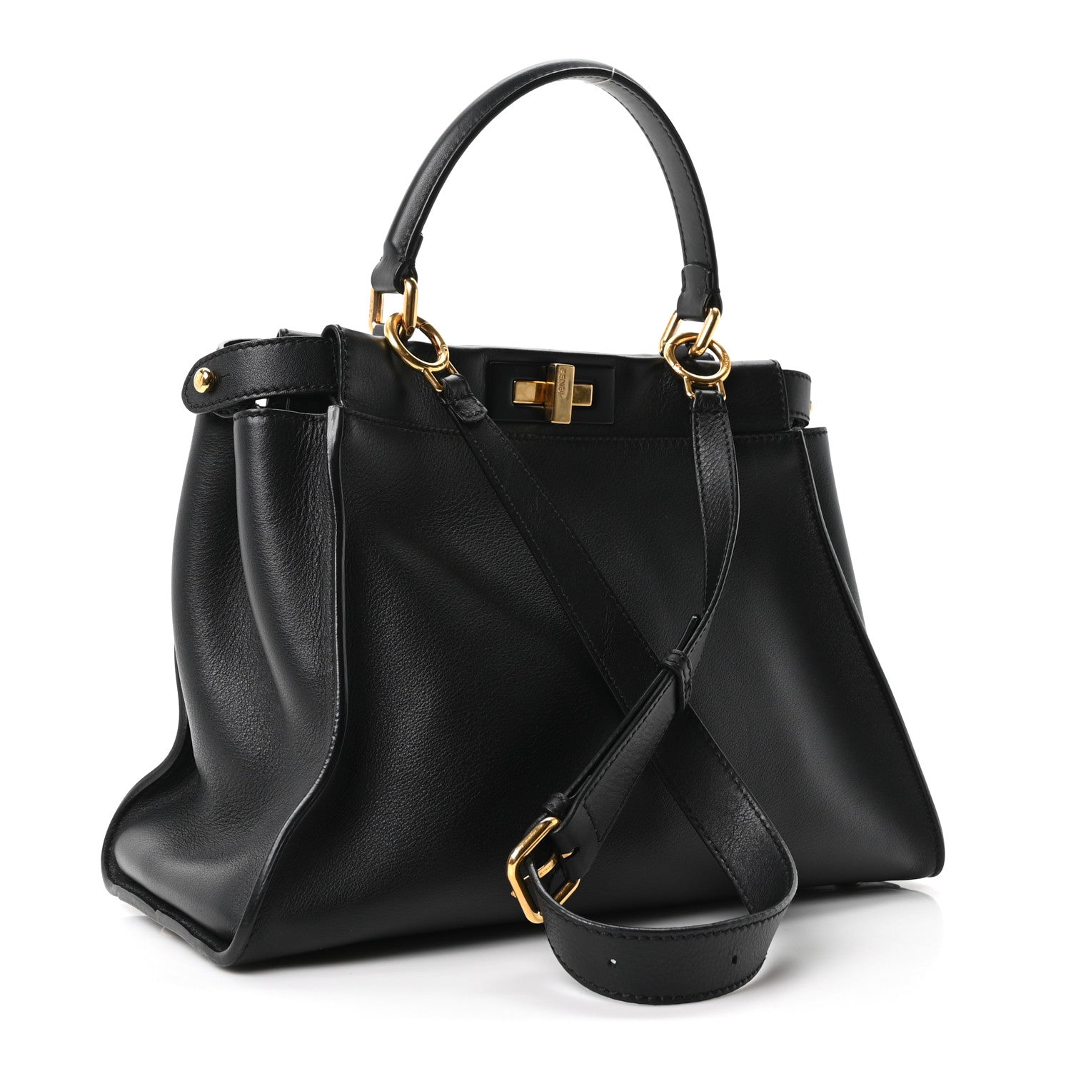 Fendi Vitello Seta Shiny Nappa Medium Peekaboo Iconic Satchel Black