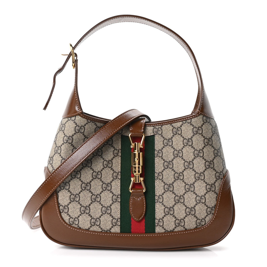 Gucci GG Supreme Monogram Azalea Calfskin Web Small Jackie 1961 Hobo Beige Ebony Brown Sugar