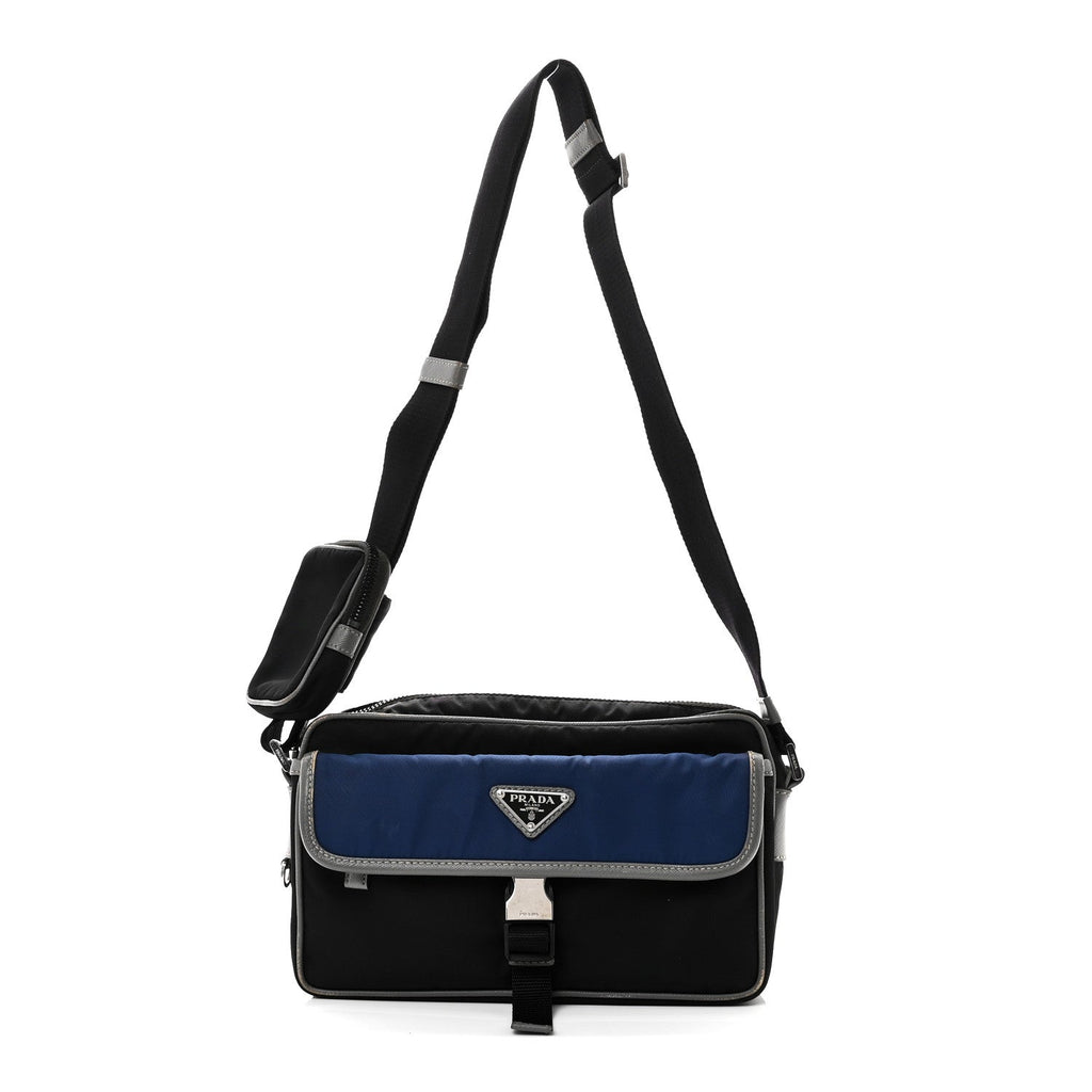 Prada Tessuto Nylon Saffiano Pocket Single Snap Buckle Messenger Flap Bag Black Bleuette Marmo