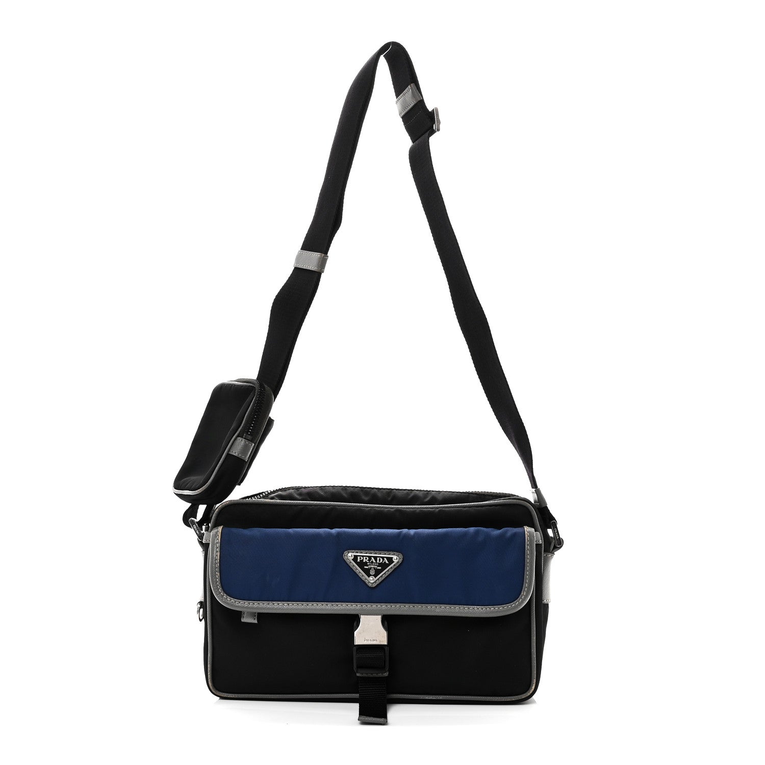 Prada Tessuto Nylon Saffiano Pocket Single Snap Buckle Messenger Flap Bag Black Bleuette Marmo