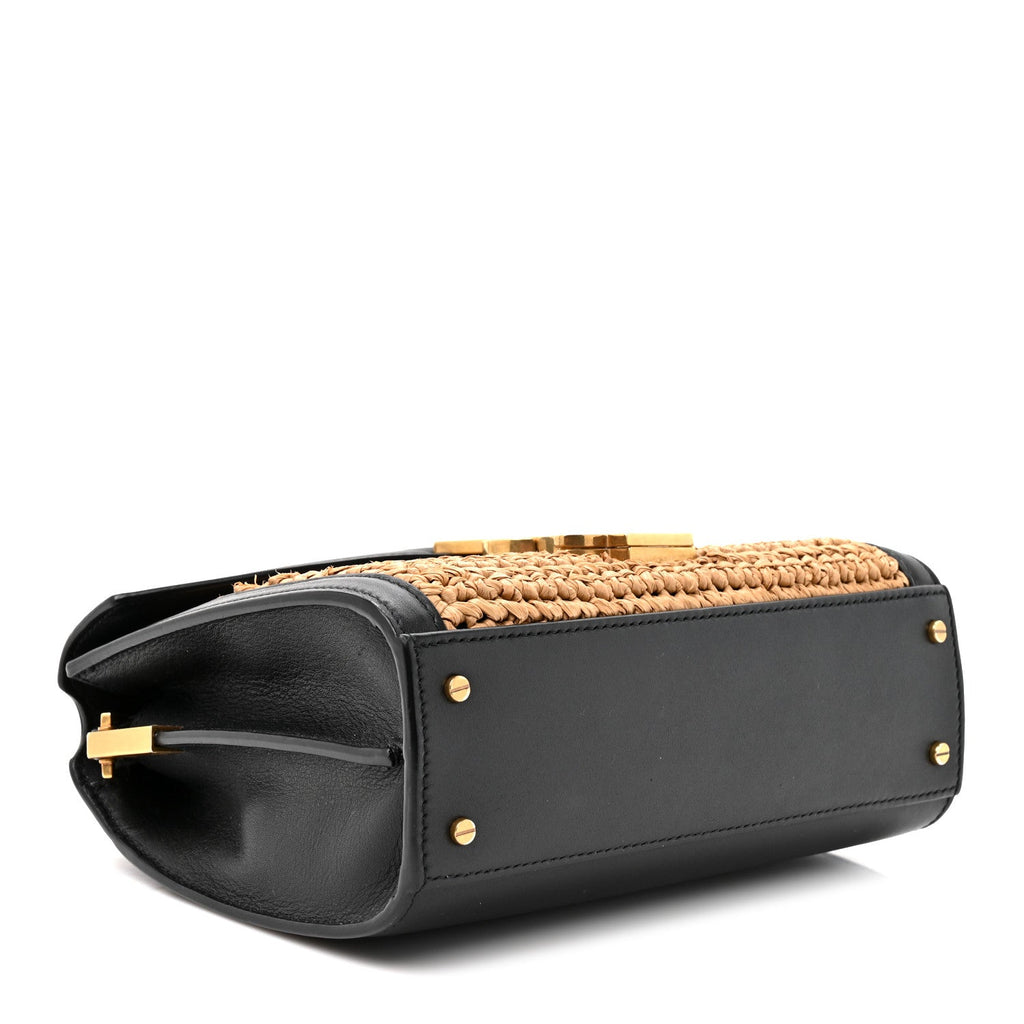 Saint Laurent Raffia Calfskin Mini Classic Monogram Cassandra Top Handle Black Natural