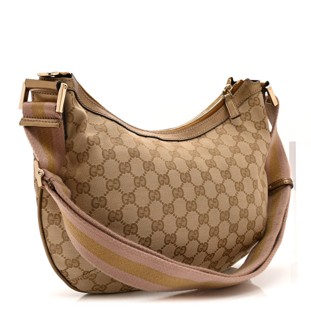 Gucci Monogram Web Medium Half Moon Hobo Gold Pink