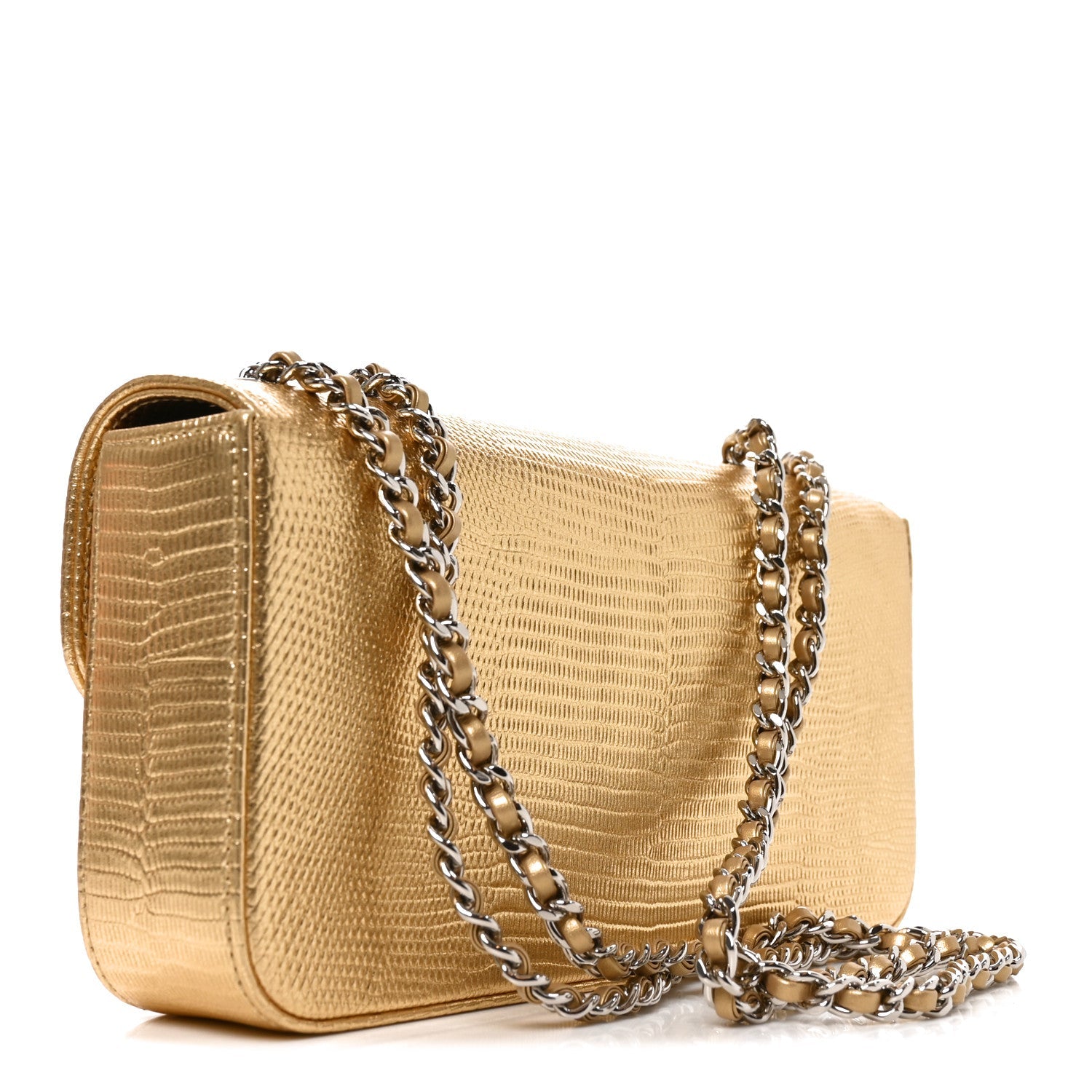 Chanel Metallic Calfskin Lizard Embossed Small East West Flap Gold