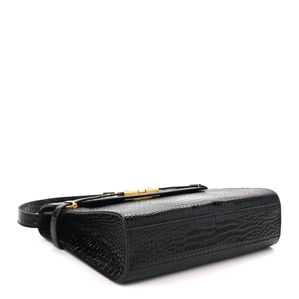Saint Laurent Shiny Calfskin Crocodile Embossed Manhattan Baguette Black
