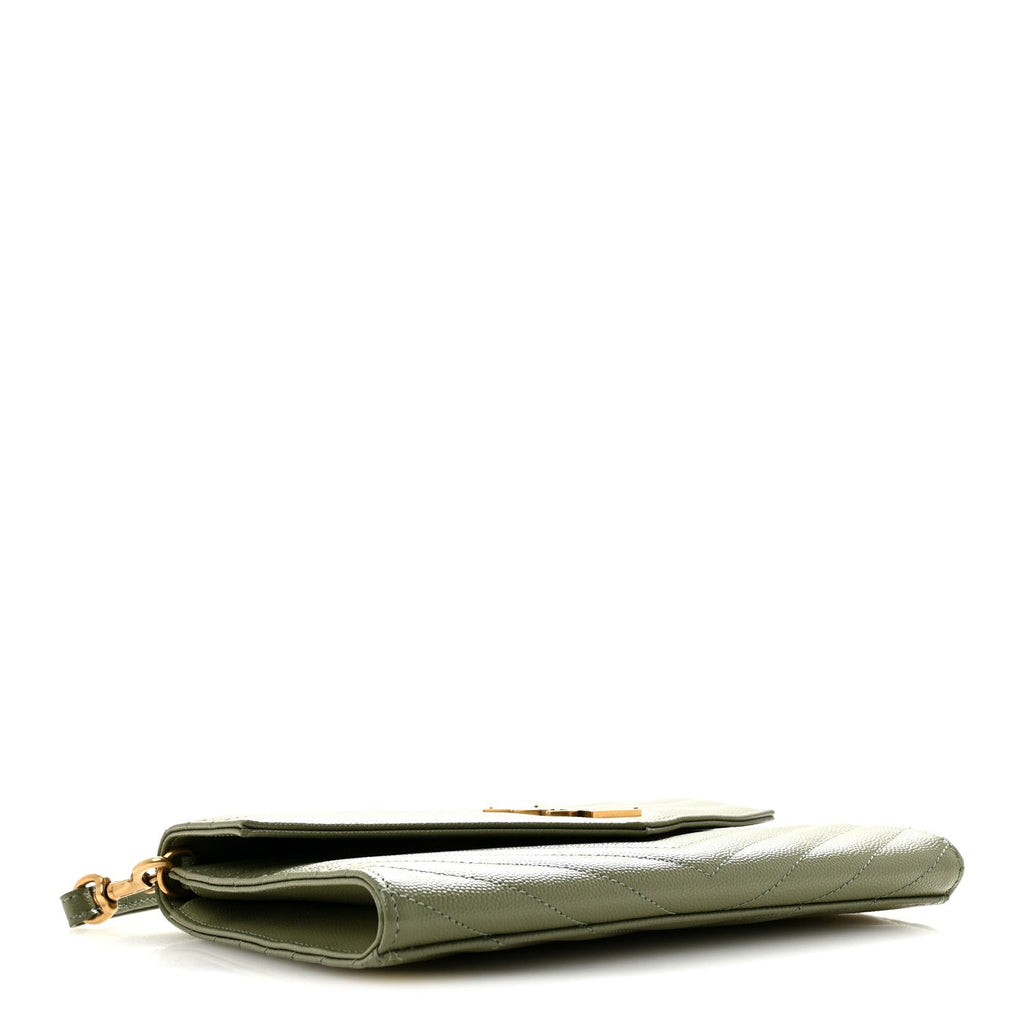 Saint Laurent Grain De Poudre Matelasse Chevron Monogram Envelope Clutch Light Sage