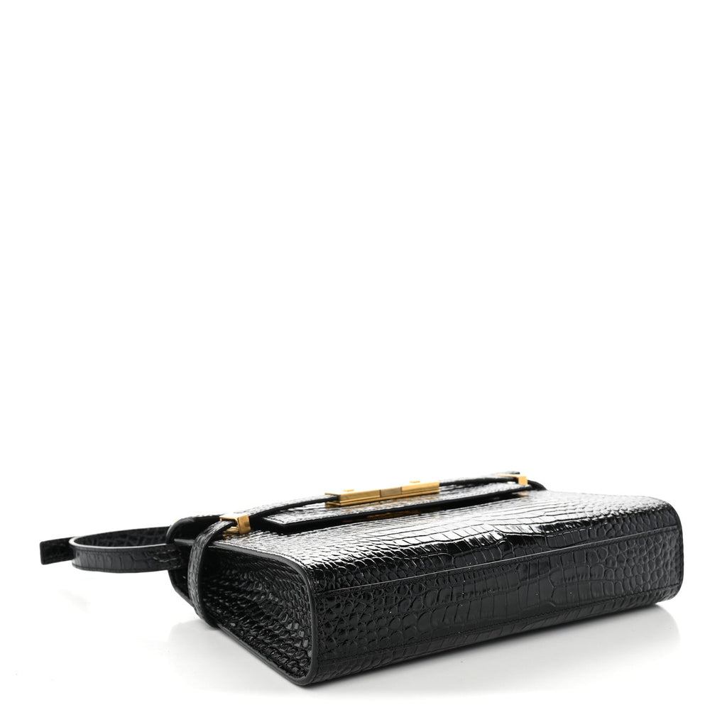 Saint Laurent Shiny Calfskin Crocodile Embossed Small Manhattan Baguette Black
