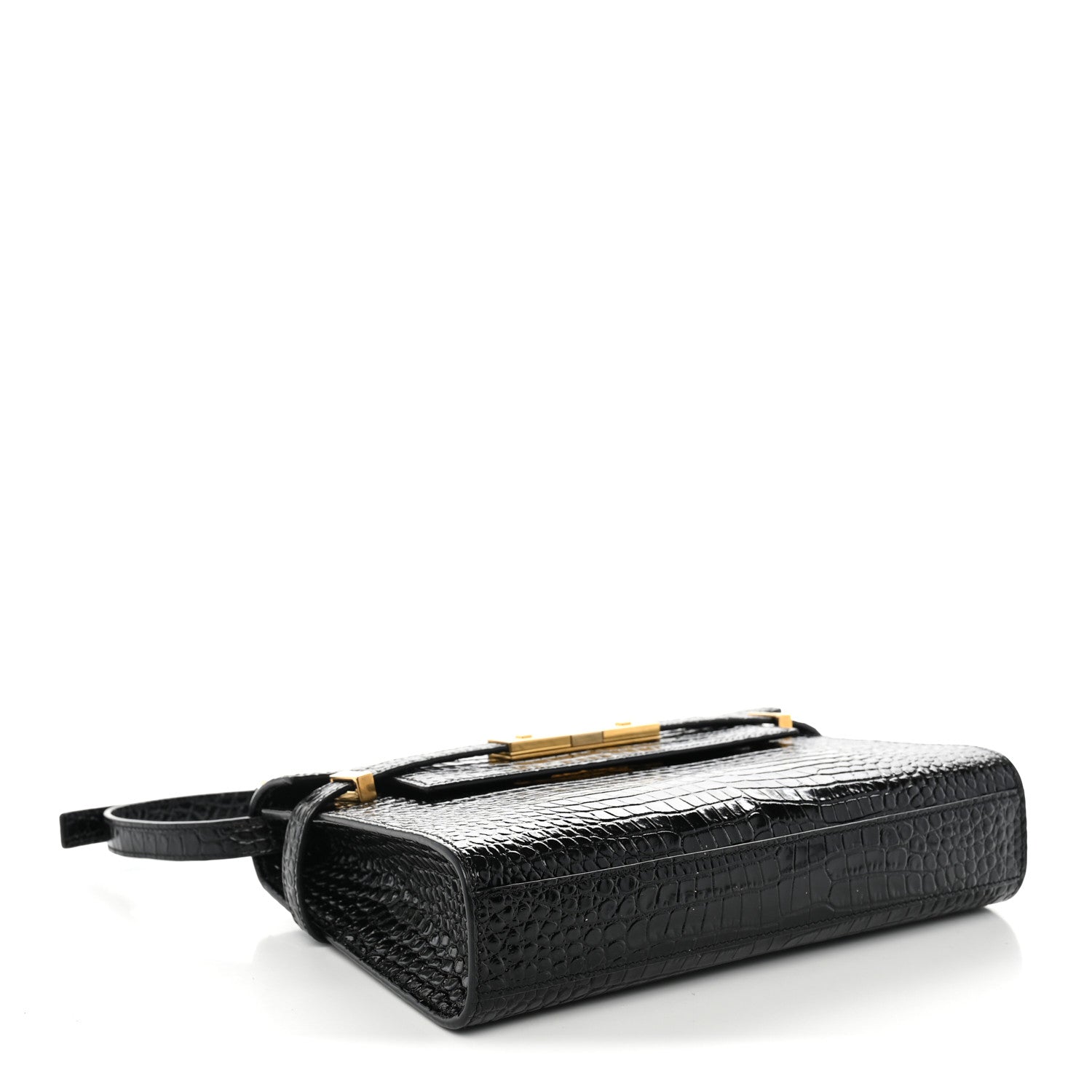 Saint Laurent Shiny Calfskin Crocodile Embossed Small Manhattan Baguette Black