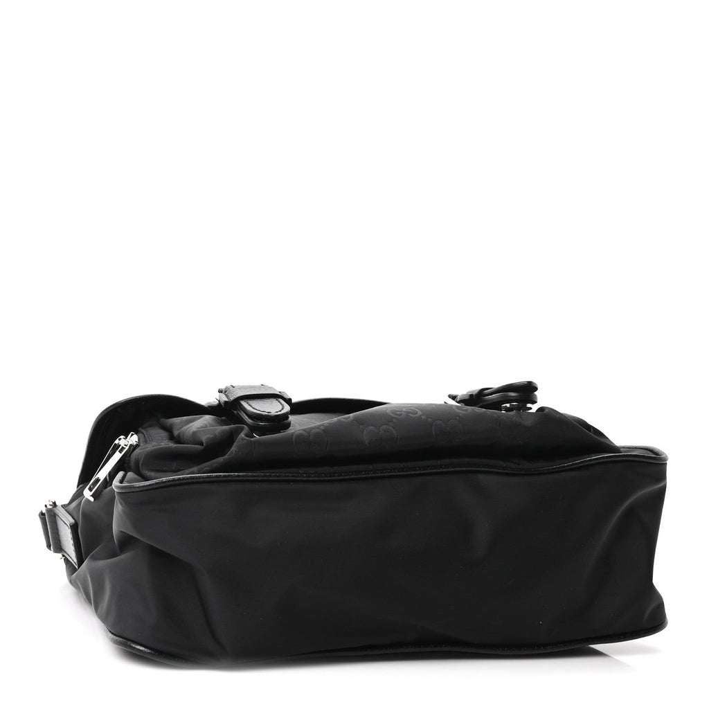 Gucci Nylon Monogram Double Buckle Flap Messenger Bag Black